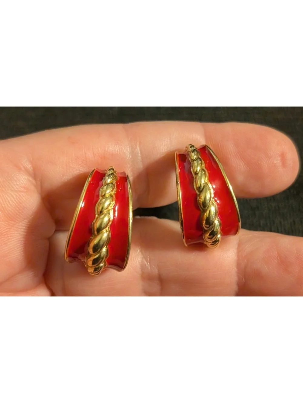 Vintage Monet‎ Hoop Clip-on Earrings Red & God Enamel 7/8